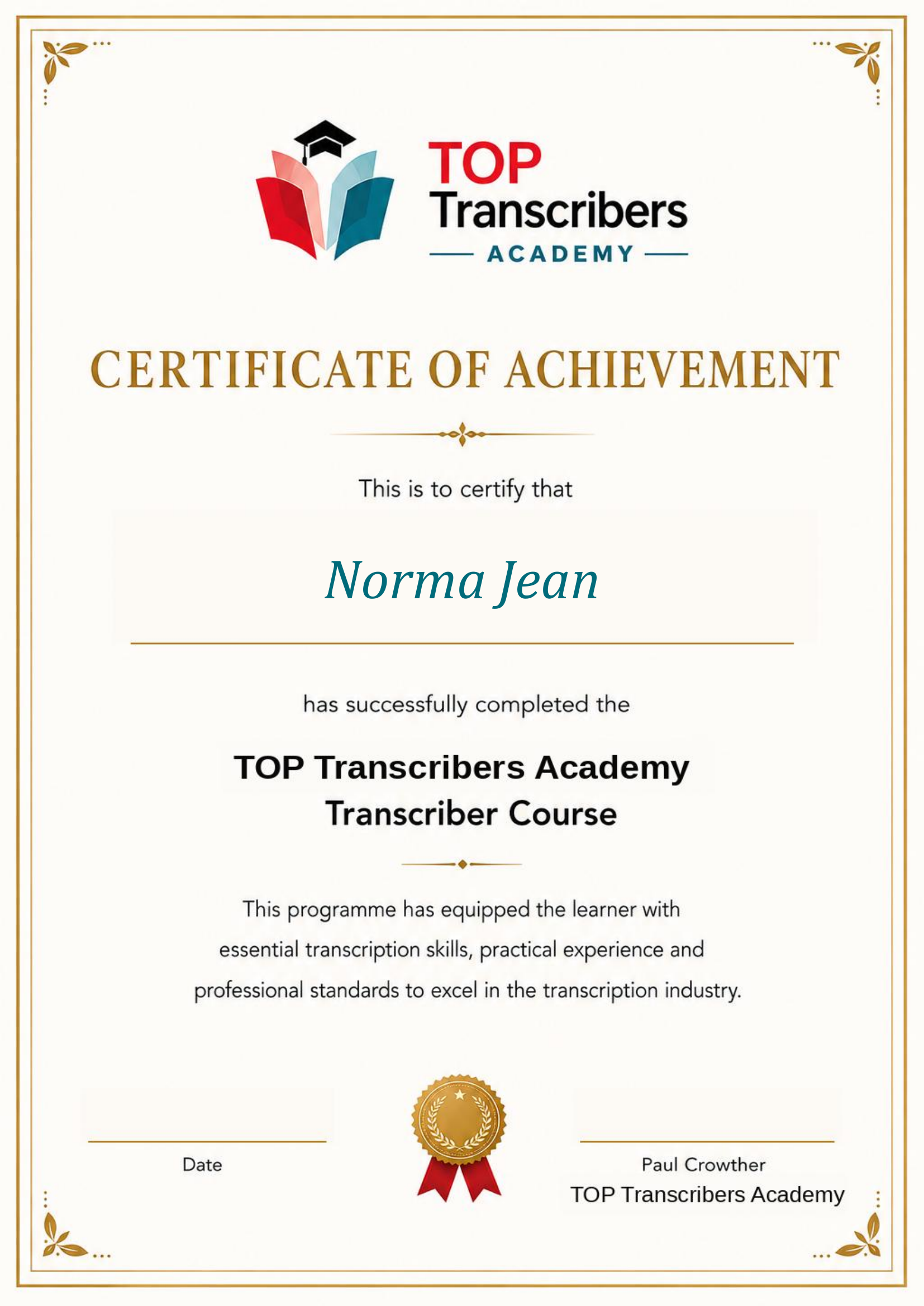 Top Transcribers Academy certificate